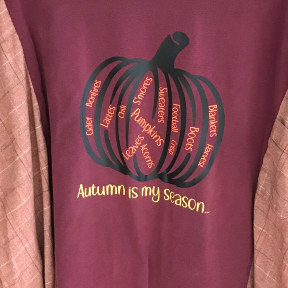 Upcycled Flannel Shirt Oversized Autumn Graphics Spliced Tee Fits XL 2X 3X - Picture 5 of 13